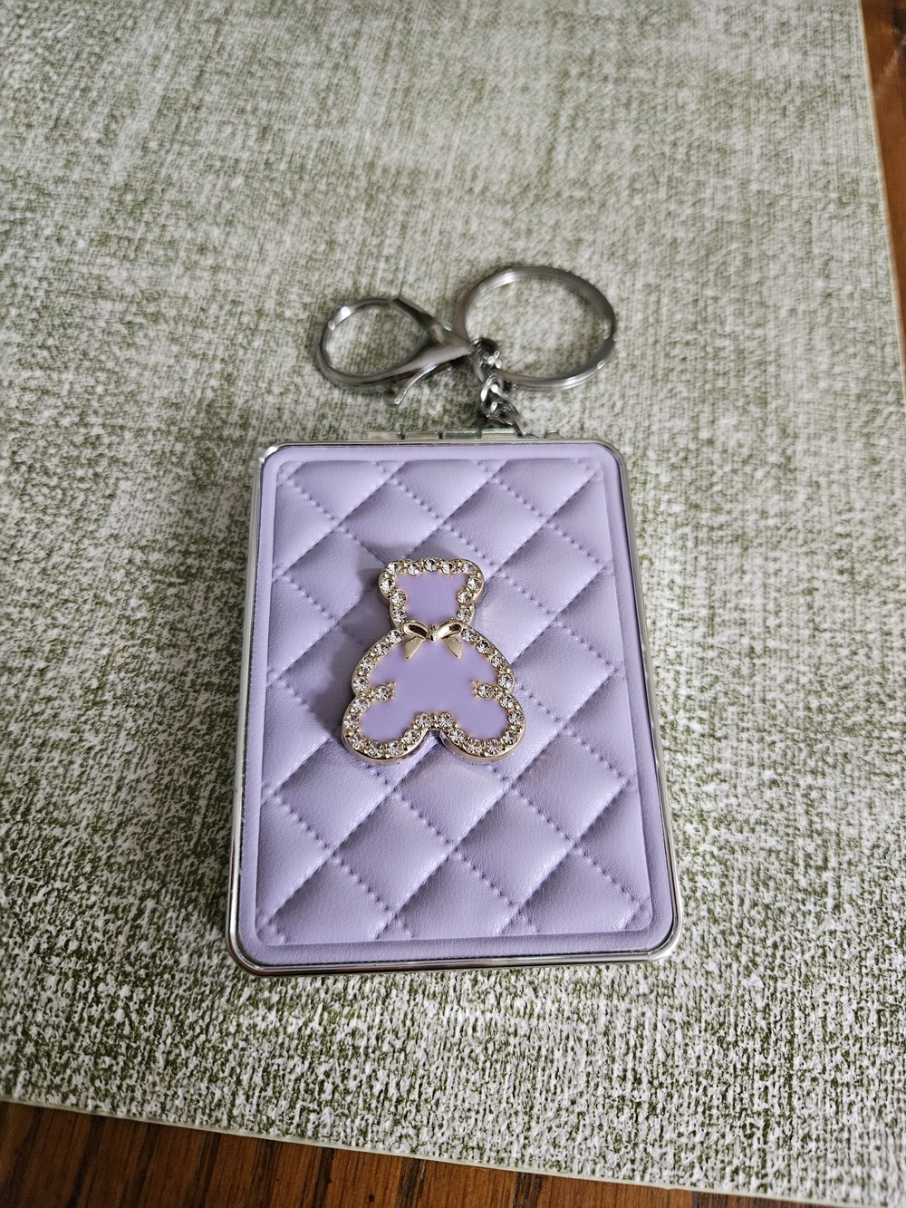 Lilac Quilted Bear Keychain Compact Mirror